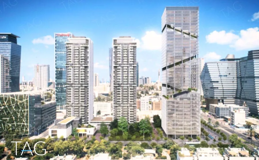 הדמיה אווירית של מתחם הסוללים בתל אביב, המגדל מימין ושני מגדלי מגורים משמאלו