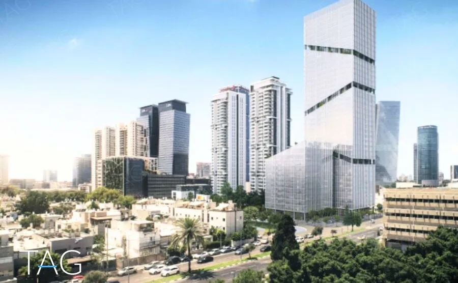 הדמיית מגדל הזכוכית של מתחם הסוללים מציר יגאל אלון, עם מגדלי המגורים והשכונה הנמוכה סביבו