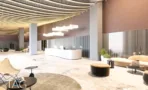 לובי פרויקט ONYX בקרית אונו - חלל כניסה בגובה כפול עם דלפק קבלה ותאורה מודולרית - תג נכסים
