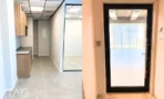 כניסה למשרד בACRO BUSINESS CAMPUS עם דלת זכוכית במסגרת שחורה ומטבחון צדדי - תג נכסים