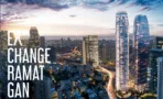 מגדלי EXCHANGE בתאורת ערב מעל קו הרקיע של רמת גן