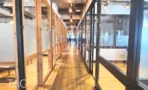 מסדרון בין חדרים תחומים במחיצות זכוכית ועץ במשרד להשכרה באזור רוטשילד תל אביב