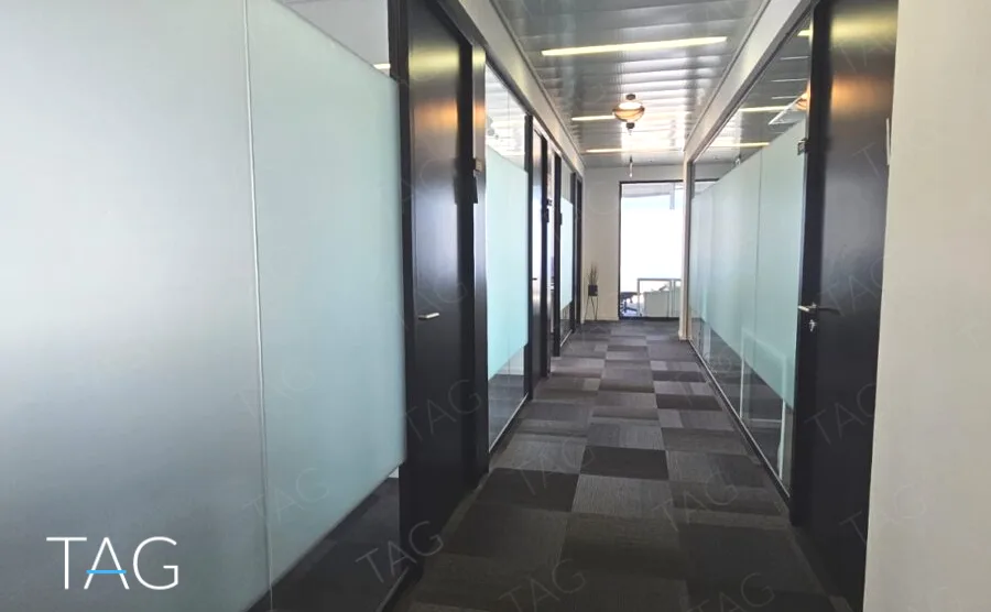 מסדרון עם מחיצות זכוכית חלבית ושטיח משבצות במגדל רוטשילד 22