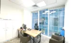 משרד להשכרה 108 מ״ר במגדל WE, חדר עבודה עם שולחן עץ מול קיר חלונות