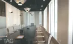 חדר ישיבות בהרצליה היילס - שולחן שחור ארוך, תקרה כהה וקיר זכוכית - תג נכסים