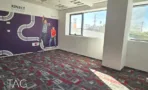 מבט רחב על חדר עם גרפיקת קיר סגולה, שני עמודי תמך ורצועת חלונות - משרד 918 מר, אריה שנקר מרכז גב ים הרצליה - תג נכסים
