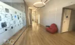 מחיצת זכוכית מודפסת לאורך מסדרון המשרד להשכרה ליד רכבת השלום - תג נכסים