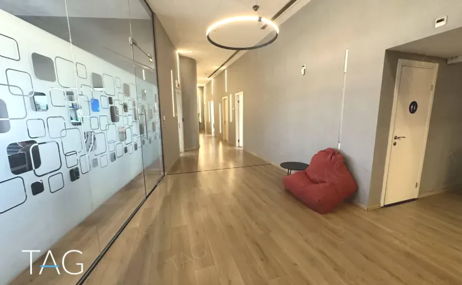 מחיצת זכוכית מודפסת לאורך מסדרון המשרד להשכרה ליד רכבת השלום - תג נכסים