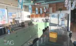 מטבח גדול עם ארונות ירוקים ורצפת טרצו