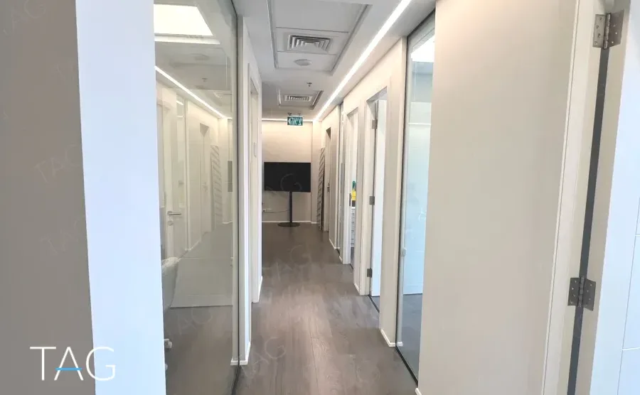 מסדרון פנימי עם דלתות לבנות ורצפת פרקט