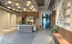 חלל פתוח במשרד במגדל אייקון עם אי מטבח, צמחייה וקיר בלוקים דקורטיבי