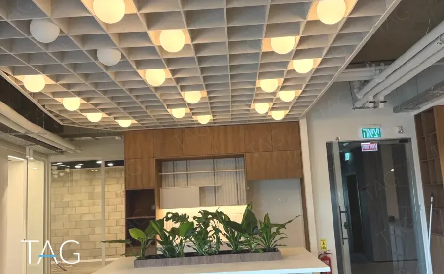 אזור אירוח במגדל אייקון, תקרה משובצת עם גופי תאורה כדוריים וארונות עץ