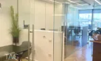 מחיצות זכוכית עם צמח וחדר ישיבות ברקע