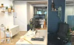 אזור העמדות הפתוח בהשכרת משרד בשדרות רוטשילד תל אביב, מדפי עץ, ארון נמוך וקיר נייבי - תג נכסים