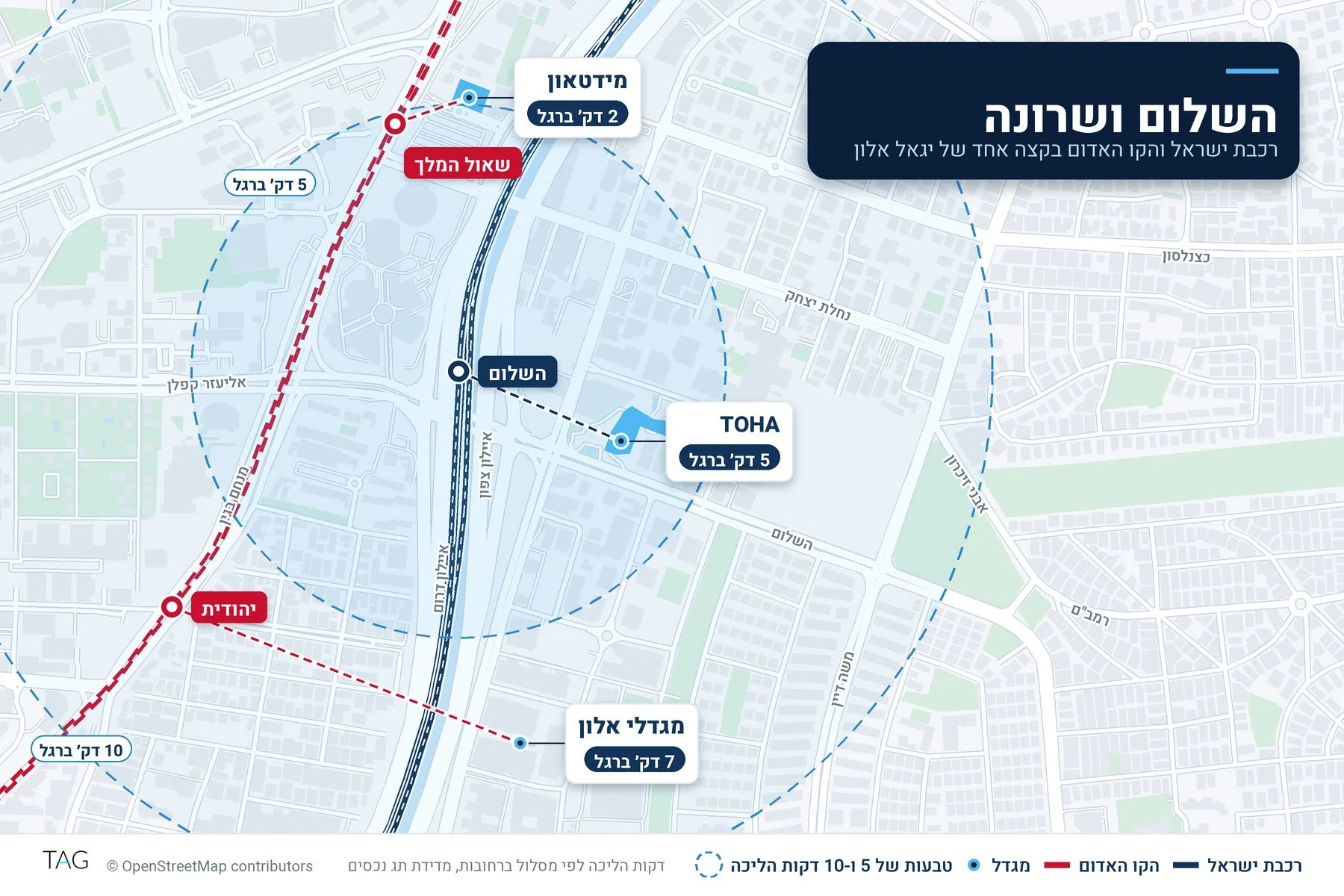 מפה של תחנת השלום ותחנות שאול המלך ויהודית עם שלושה מגדלי משרדים ודקות ההליכה מכל אחד